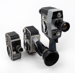 BOLEX-PAILLARD: Three 8mm movie cameras - one c. 1942 L8 with one lens, one c. 1962 P1 Zoom Reflex with lens hood, and one c. 1963 P4 Zoom Reflex Automatic. (3 movie cameras)