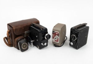 DEKKO CAMERA: Three c. 1930s 9.5mm movie cameras - one black-Bakelite Dekko in leather case with Electro Bewi light meter, one black-Bakelite Dekko, and one Dekko Model 128. (3 movie cameras)