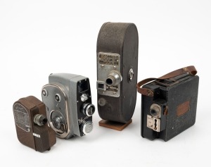 VARIOUS MANUFACTURERS: Four movie cameras - one c. 1935 Campro combined ciné camera/projector, one c. 1937 Keystone A-7, one c. 1940 Univex Model C8, and one c. 1960s Quarz 2 with text in Cyrillic. (4 movie cameras)