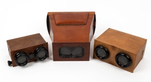 Group of three wooden stereoscopes - one Brewster-style model, one approx. 14 x 12 x 7cm box-style model, and one approx. 13 x 10.5 x 5.5cm box-style model. (3 items)