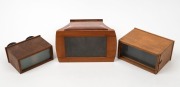 Group of three wooden stereoscopes - one Brewster-style model, one approx. 14 x 12 x 7cm box-style model, and one approx. 13 x 10.5 x 5.5cm box-style model. (3 items) - 2