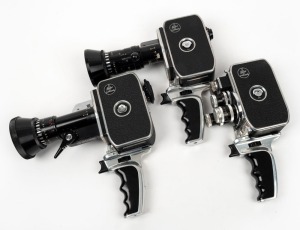 BOLEX-PAILLARD: Three c. 1960s 8mm movie cameras, all with pistol-grip attachments - one Zoom Reflex P1 with lens hood and lens cap, one Zoom Reflex P2 with lens hood, and one D8L with a complete set of lens caps. (3 movie cameras)