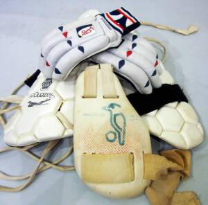 BEN HOLLIOAKE'S PROTECTIVE GEAR, noted pair of Slazenger batting gloves; pair of Kookaburra batting gloves; Kookaburra right glove with extra protection; thigh pads (2); inner thigh pad.