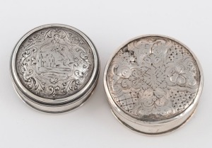 Two Georgian sterling silver patch boxes with engraved decoration, the larger 4.5cm diameter