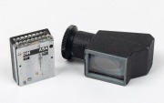 CONCAVA: Two rare black c. 1970s&nbsp;Tessina&nbsp;35 accessories in black leather case - one Pentaprism Viewfinder attachment together with one DIN ASA Light Meter attachment.&nbsp;(2 items) - 3