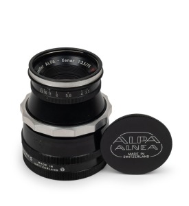 SCHNEIDER: Alpa-Xenar 75mm f3.5 lens [#2959031], c. 1950s, in black with Alpa Alnea mount and metal front and rear caps.