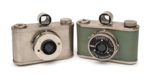 TAHBES: Two viewfinder cameras with unusual Albada finders - one c. 1948 Synchro with polished nickel body, and one c. 1950 Synchrona [#B5621] in green. (2 cameras)