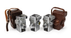 RIKEN: Three c. early 1950s Steky subminiature cameras with Stekinar 25mm f3.5 lenses - one Steky III with lens cap and yellow lens filter, one Steky IIIa with leather case, and one Steky IIIb, also with leather case. (3 cameras)