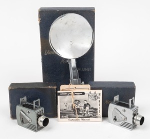 UNIVERSAL CAMERA: Two c. 1949 subminiature cameras, both in maker's boxes - one Minute 16 with three aperture settings and one Minute 16 with four aperture settings, together with one Minute 16 Flash Unit. (3 items)