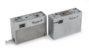 WHITTAKER: Two c. 1946 Micro 16 subminiature cameras, one with plain chrome detailing, the other with red-ink. (2 cameras)