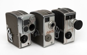 PENTACON: Three c. 1950s double-8 movie cameras - one AK8, one Pentaka 8 with lens cap, and one Abefot. (3 movie cameras)