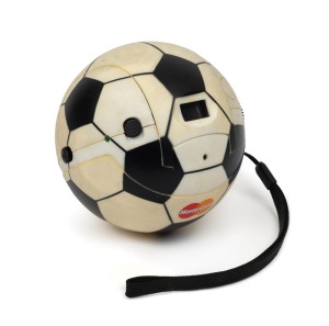 MASTERCARD: Promotional Mastercard-branded compact camera in shape of soccerball, c. 1990s, with wrist strap.