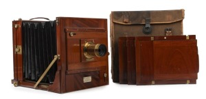 FALLOWFIELD: 10 x 8" plate tailboard camera, c. 1890, with Wray London 15" lens [#3898] and three double-dark slides. Offered in case marked 'The London Camera Exchange Co Ltd'.