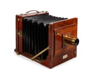 FALLOWFIELD: 10 x 8" plate tailboard camera, c. 1890, with Wray London 15" lens [#3898] and three double-dark slides. Offered in case marked 'The London Camera Exchange Co Ltd'. - 2