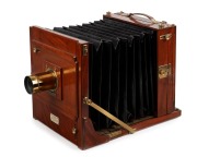 FALLOWFIELD: 10 x 8" plate tailboard camera, c. 1890, with Wray London 15" lens [#3898] and three double-dark slides. Offered in case marked 'The London Camera Exchange Co Ltd'. - 3