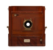 FALLOWFIELD: 10 x 8" plate tailboard camera, c. 1890, with Wray London 15" lens [#3898] and three double-dark slides. Offered in case marked 'The London Camera Exchange Co Ltd'. - 6