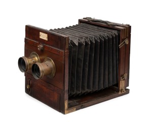 8½ x 6½" plate stereo tailboard camera with twin brass lenses with f8/11/16/22/32/44/64 aperture markings, and inlay that reads 'Manufactured for The Photographic Supply Co. Perth & Kalgoorlie W. A.'.