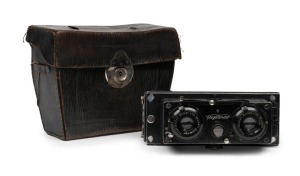 VOIGTLÄNDER: 1908-type Stereophotoskop stereo/panoramic camera with twin Heliar 60mm f4.5 lenses, magazine back, and leather case.