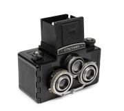 GOMZ: Sputnik stereo 120 film&nbsp;TLR camera [#18515], c. 1955, with twin T-22 75mm f4.5 lenses [#047997] and matching leather case with 'Sputnik' imprint. - 2