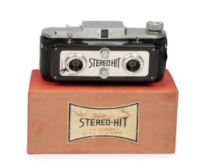 TOUGODO: Stereo Hit viewfinder camera, c. 1955, with twin S-Owla 45mm f9 lenses, presented in maker's box with stereo viewer and printed matter.