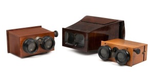 Group of three wooden stereoscopes - one Brewster-style model, one approx. 15 x 12 x 8cm box-style model, and one approx. 13 x 11.5 x 5.5cm box-style model. (3 items)