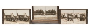 ROSE STEREOGRAPH COMPANY: Fifteen stereo cards, of which eleven featuring the 1914 preparations of the Australian Expeditionary Force in Ballarat, Broadmeadows, and Melbourne, together with four other WW1 cards. (15 cards)