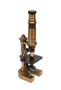 LEITZ:&nbsp;19th century brass microscope [#33838] with lens cap, 36.5cm at highest setting, with 'Agri. Chem. Edin. Univ.' engraving.
