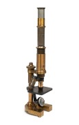 LEITZ:&nbsp;19th century brass microscope [#33838] with lens cap, 36.5cm at highest setting, with 'Agri. Chem. Edin. Univ.' engraving. - 2