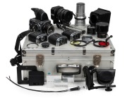 HASSELBLAD: Circa 1970 Hasselblad 500 C/M SLR camera [#RI1295285] with Planar 80mm f2.8 lens, in flight case with&nbsp;a large number of Hasselblad&nbsp;accessories: one Sonnar 250mm f5.6 and one S-Planar 135mm f5.6 lens, three additional camera backs, two bellows,
