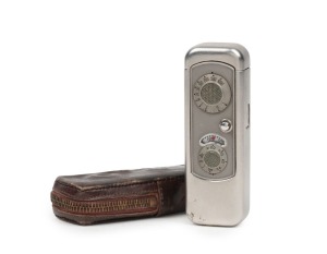 MINOX: Original model Minox subminiature camera with 'VEF Minox Riga - Made in Latvia' engravings, c. 1937, in brown leather case.