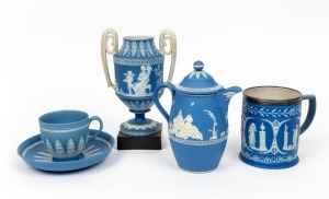 Antique English Jasper Ware jug, urn, mug, teacup and saucer, 19th century, (5 items), A/F, including ADAMS and WEDGWOOD, the largest 17cm high