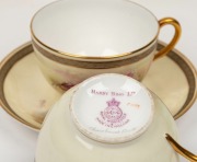 ROYAL WORCESTER pair of antique English teacup, saucer and plate sets hand-painted with Australian wildflowers titled "Christmas Bush" and "Heath", signed "R. Austin", (6 items), puce factory mark to bases and retailed by "Hardy Brothers Ltd,", the saucer - 2