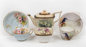 ROYAL WORCESTER English porcelain "Flannel Flower" teapot and assorted tea ware with hand-painted decoration including azure kingfisher, gum blossoms and others, (6 items), puce factory mark and titles to bases, retailed by Flavelle Brothers Ltd or Prouds