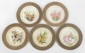 ROYAL WORCESTER set of five assorted English porcelain saucers with Australian wildflower themes, puce factory marks and titles to base, all retailed by Flavelle Brothers Ltd., three examples from the "Miss Ellis Rowan Series", 15.5cm diameter