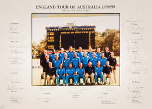 1998-99 ENGLAND TOUR TO AUSTRALIA, team photograph of Test team (unsigned); plus team photograph of One Day team with 22 signatures on mount including Alec Stewart (captain), Darren Gough, Adam Hollioake & Ben Holliaoke. Each 42x30cm. G/VG condition. (2 i