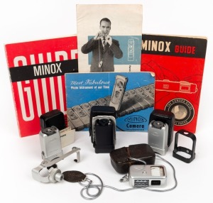 MINOX: Ten camera accessories - one exposure meter in leather case with chain, one black FL4 Flash Cube attachment in leather case with instruction booklet, two chrome C4 Flash Cube attachments each in leather case, one tripod adapter, one black plastic c