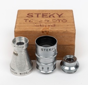 RIKEN: Three Steky accessories - one Steky-Tele 40mm f5.6 in maker's wooden box marked 'Steky Telephoto Lens', one Stekaton Wide Angle Converter, and one Stekinar Anastigmat 25mm f3.5 lens. (3 items)