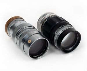 ASAHI KOGAKU: Two lenses with screw mounts - one Tele-Takumar 135mm f3.5 with rear cap in brass, and one Takumar 135mm f3.5. (2 lenses)