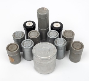 LEITZ: Twelve film canisters, ten in aluminium with 'Leitz' logo stamped into lid, together with two in black plastic. (12 items)