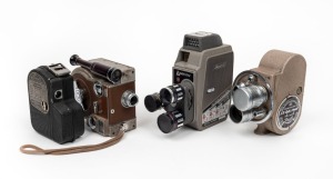 VARIOUS MANUFACTURERS: Four 8mm movie cameras - one Bell & Howell Filmo Turret Double Run Eight, one Lumicon-8 II, one Revere Model 70 with wrist strap, and one Univex Model A8. (4 movie cameras)