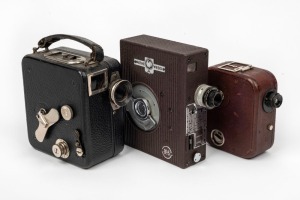 PATHÉ: Three 9.5mm movie cameras - one c. 1940s Pathé Webo A, one c. 1920s Pathé Baby, and one c. 1920s Pathé Moto Camera. (3 movie cameras)