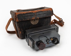 RICHARD JULES: Verascope No. 1 stereo plate camera [#28521], c. 1899, with lens cap and matching Verascope leather case.