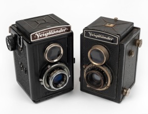 VOIGTLÄNDER: Two Brillant TLR cameras - one c. 1932 sheet-metal version with Skopar 75mm f4.5 lens, together with one c. 1937 V6 version with Vaskar 75mm f4.5 lens. (2 cameras)