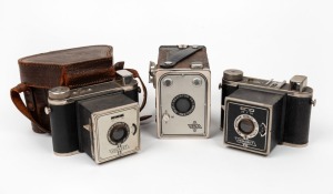 VENA: Three c. 1948 120 rollfilm cameras - one Venaret, one Venaret with alternate faceplate and leather case, and one Vena-Box. (3 cameras)