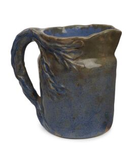JOLLIFF pottery jug with wind swept tree decoration, incised "Jolliff, 1933, F.E,C., Hand Made, VIC", 14cm high, 15cm wide
