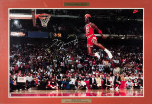 BEN'S HEROES - MICHAEL JORDAN, signed photograph "The Man Who Can Fly - Michael Jordan - 'Winner' 1988 slam dunk championship", window mounted, framed & glazed, overall 109x78cm.