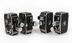 BOLEX-PAILLARD: Four c. 1950s double-8 movie cameras with all lens caps present - two B8 models each with two lenses, one C8 with one lens, and one C8SL with one lens. (4 movie cameras)