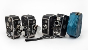 BOLEX-PAILLARD: Four c. 1950s double-8 movie cameras - two B8 models each with two lenses and caps, one C8 with one lens, and one C8SL with one lens and zip case. (4 movie cameras)