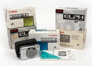 CANON: Five c. 1990s compact cameras, all in maker's boxes with cases and instruction booklets - one Ixus M-1, one Ixus FF, one Ixus L-1, and two Elph models. (5 cameras)