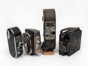 VARIOUS MANUFACTURERS: Four movie cameras - one c. 1935 Campro combined ciné camera/projector, one c. 1937 Keystone A-7, one c. 1947 Keystone K-22, and one c. 1960s Quarz marked 'Made in USSR'. (4 movie cameras)